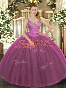 Hot Selling Fuchsia Ball Gowns Tulle V-neck Sleeveless Beading Floor Length Lace Up 15th Birthday Dress