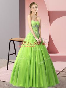 Trendy A-line Sweetheart Sleeveless Tulle Floor Length Lace Up Beading Evening Dress
