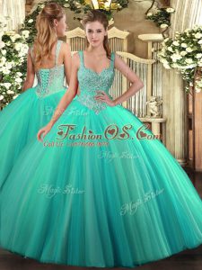 New Style Sleeveless Floor Length Beading Lace Up Sweet 16 Quinceanera Dress with Turquoise