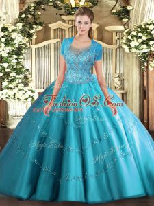 Scoop Sleeveless Clasp Handle Quinceanera Gowns Aqua Blue Tulle