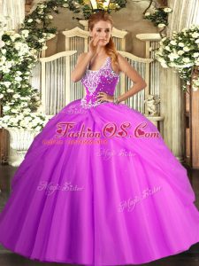 Lilac Straps Neckline Beading and Pick Ups Ball Gown Prom Dress Sleeveless Lace Up
