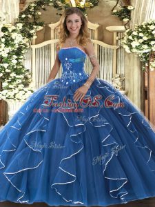 Nice Strapless Sleeveless Tulle Sweet 16 Quinceanera Dress Beading and Ruffles Lace Up