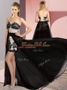Best Sleeveless High Low Embroidery Lace Up Evening Dress with White And Black