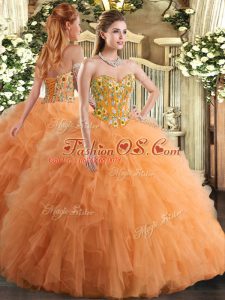 Orange Sleeveless Floor Length Embroidery and Ruffles Lace Up Quince Ball Gowns