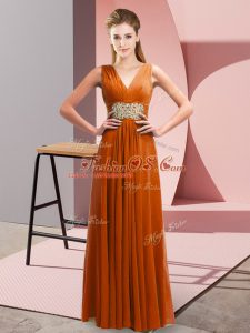 Floor Length Rust Red Prom Dress Chiffon Sleeveless Beading and Ruching