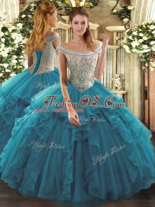 Teal Ball Gowns Off The Shoulder Sleeveless Tulle Floor Length Lace Up Beading and Ruffles Sweet 16 Dresses