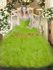 Olive Green Ball Gowns Beading and Ruffles Ball Gown Prom Dress Lace Up Organza Sleeveless Floor Length