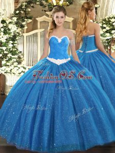 Custom Fit Blue Ball Gown Prom Dress Military Ball and Sweet 16 and Quinceanera with Appliques Sweetheart Sleeveless Lace Up