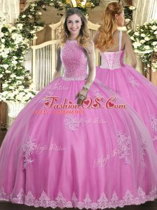Great High-neck Sleeveless Ball Gown Prom Dress Floor Length Beading and Appliques Rose Pink Tulle