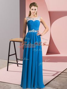 Luxurious Blue Empire Beading Party Dress for Toddlers Clasp Handle Chiffon Sleeveless Floor Length