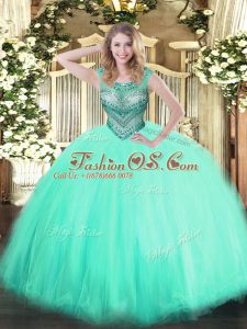 Apple Green Quince Ball Gowns Sweet 16 and Quinceanera with Beading Scoop Sleeveless Lace Up