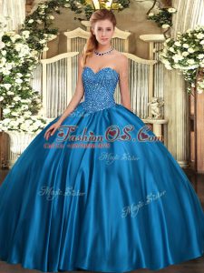 Floor Length Lace Up Sweet 16 Dress Blue for Military Ball and Sweet 16 and Quinceanera with Beading