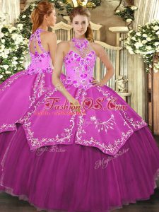 Fantastic Ball Gowns Sweet 16 Dresses Fuchsia Halter Top Satin and Tulle Sleeveless Floor Length Lace Up