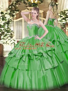 Edgy Sweetheart Sleeveless 15th Birthday Dress Floor Length Beading and Ruffled Layers Green Organza and Taffeta
