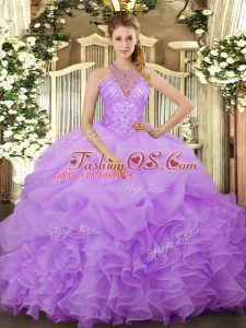 Halter Top Sleeveless Quinceanera Gowns Floor Length Beading and Ruffles and Pick Ups Lavender Organza