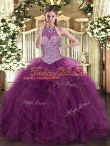 Halter Top Sleeveless Sweet 16 Dress Floor Length Beading Burgundy Tulle