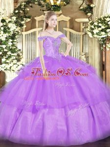 Custom Design Off The Shoulder Sleeveless Organza Vestidos de Quinceanera Beading and Ruffled Layers Lace Up