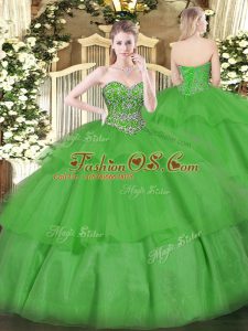 Green Lace Up Vestidos de Quinceanera Beading and Ruffled Layers Sleeveless Floor Length