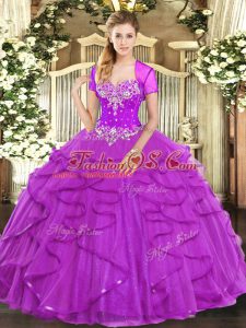 Luxury Beading and Ruffles Vestidos de Quinceanera Fuchsia Lace Up Sleeveless Floor Length