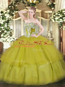 Stylish Olive Green Lace Up Strapless Beading and Ruffled Layers Quinceanera Gowns Tulle Sleeveless