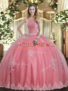 Flirting Floor Length Baby Pink Sweet 16 Dress Tulle Sleeveless Beading and Appliques