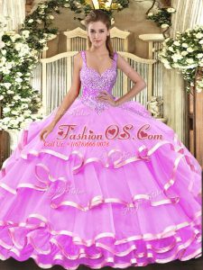 Cute Lilac Sleeveless Organza Lace Up Ball Gown Prom Dress for Military Ball and Sweet 16 and Quinceanera