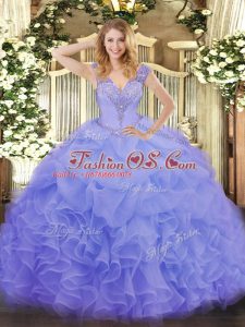 Perfect Lavender Quinceanera Dress Military Ball and Sweet 16 and Quinceanera with Ruffles V-neck Sleeveless Lace Up