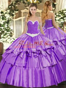 Lavender Organza and Taffeta Lace Up Sweet 16 Quinceanera Dress Sleeveless Floor Length Appliques and Ruffled Layers