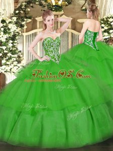 Flare Beading and Ruffled Layers 15th Birthday Dress Green Lace Up Sleeveless Floor Length