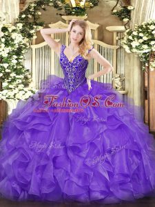 Sumptuous Lavender Sleeveless Organza Lace Up 15th Birthday Dress for Military Ball and Sweet 16 and Quinceanera