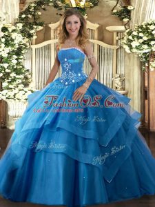 Exquisite Ball Gowns Vestidos de Quinceanera Baby Blue Strapless Tulle Sleeveless Floor Length Lace Up