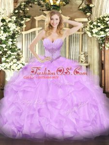 Lavender Sleeveless Organza Lace Up Quinceanera Gowns for Military Ball and Sweet 16 and Quinceanera