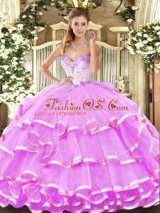 Organza Sweetheart Sleeveless Lace Up Beading and Ruffled Layers 15th Birthday Dress in Lilac