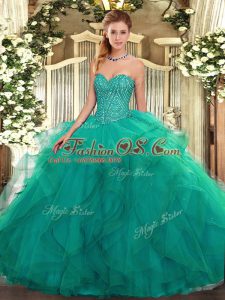 Excellent Beading and Ruffles Quinceanera Gown Turquoise Lace Up Sleeveless Floor Length