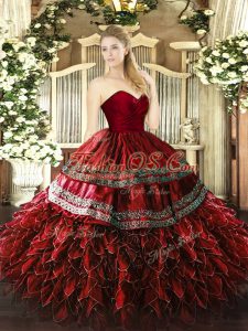 Wine Red Sweetheart Zipper Embroidery and Ruffles Sweet 16 Quinceanera Dress Sleeveless