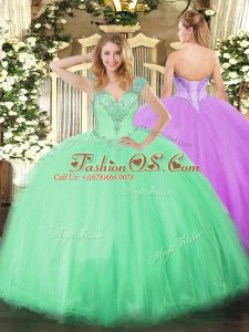 Latest Sleeveless Tulle Floor Length Lace Up Sweet 16 Dresses in Apple Green with Beading