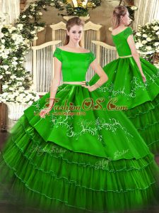 Captivating Short Sleeves Organza and Taffeta Floor Length Zipper 15th Birthday Dress in Green with Embroidery and Ruffled Layers