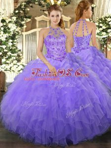 Captivating Floor Length Lavender Quince Ball Gowns Halter Top Sleeveless Lace Up
