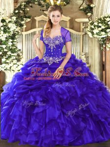 Sleeveless Floor Length Beading and Ruffles and Pick Ups Lace Up Sweet 16 Quinceanera Dress with Purple