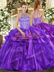 Organza Halter Top Sleeveless Lace Up Beading and Embroidery and Ruffles Quinceanera Dresses in Purple