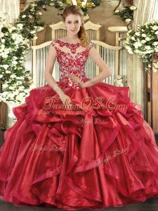 Red Cap Sleeves Floor Length Appliques and Ruffles Lace Up Sweet 16 Dress