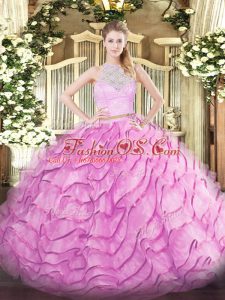 High End Rose Pink 15th Birthday Dress Scoop Sleeveless Brush Train Zipper