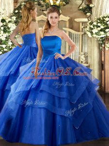 Sleeveless Floor Length Ruffled Layers Lace Up Quinceanera Dresses with Royal Blue