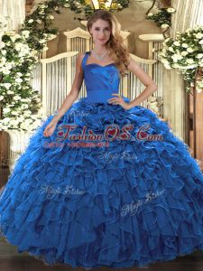 Blue Organza Lace Up Halter Top Sleeveless Floor Length Quinceanera Gown Ruffles
