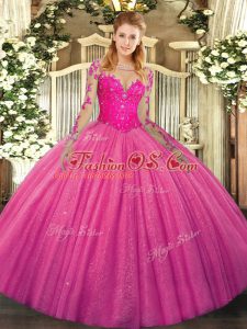 Floor Length Lace Up Sweet 16 Dress Hot Pink for Military Ball and Sweet 16 and Quinceanera with Lace