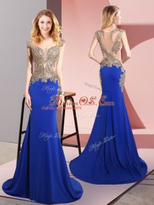 Sweep Train Mermaid Prom Dresses Royal Blue Scoop Elastic Woven Satin Sleeveless Side Zipper