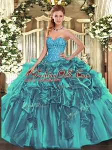 Teal Lace Up Quinceanera Gowns Beading and Ruffles Sleeveless Floor Length