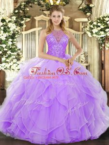 Edgy Lavender Lace Up High-neck Beading and Ruffles 15th Birthday Dress Organza Sleeveless