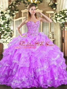 Custom Made Sweetheart Sleeveless Sweet 16 Dresses Floor Length Embroidery and Ruffled Layers Lilac Organza