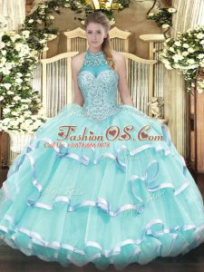 Vintage Apple Green Lace Up Vestidos de Quinceanera Beading and Ruffled Layers Sleeveless Floor Length